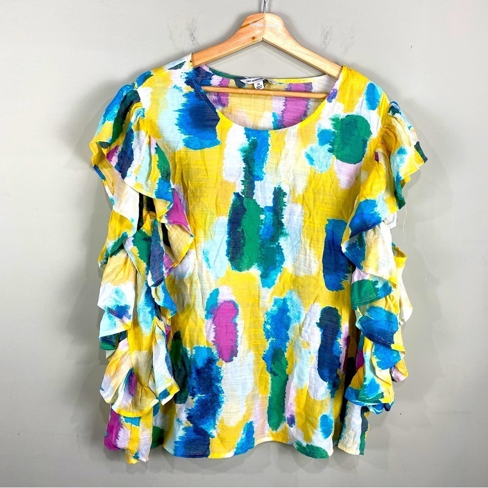 Zac & Rachel Woman Sleeveless Colorful Watercolor Ruffle Blouse Shirt Top 2X NWT